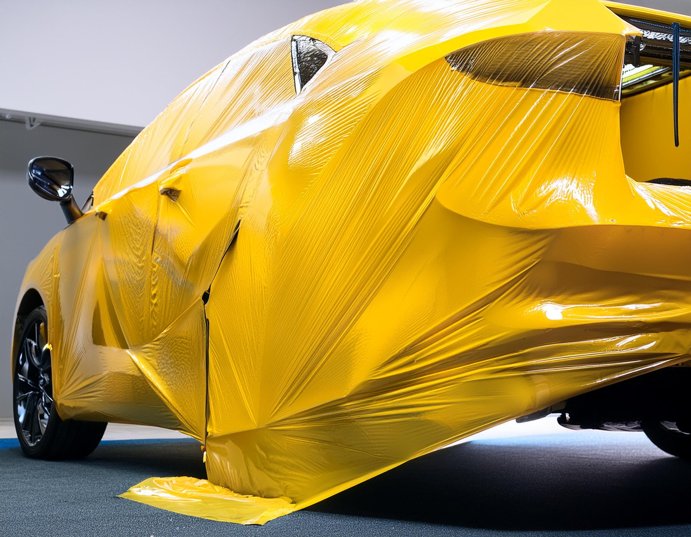 302101 yellow polythene 4m x 175m applied to car in bodyshop