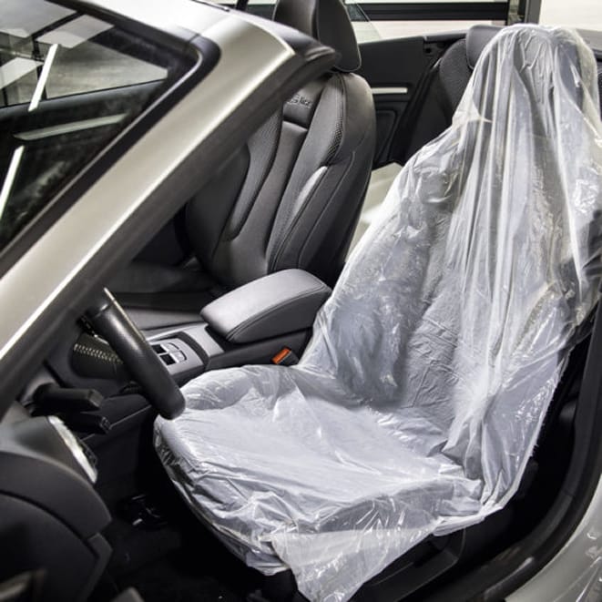 white disposable car seat covers polythene 100 or 500 pack workshop use