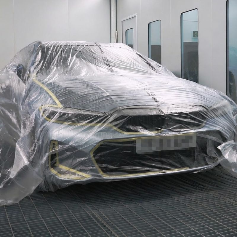 automotive masking film applied to vehicle in spraybooth